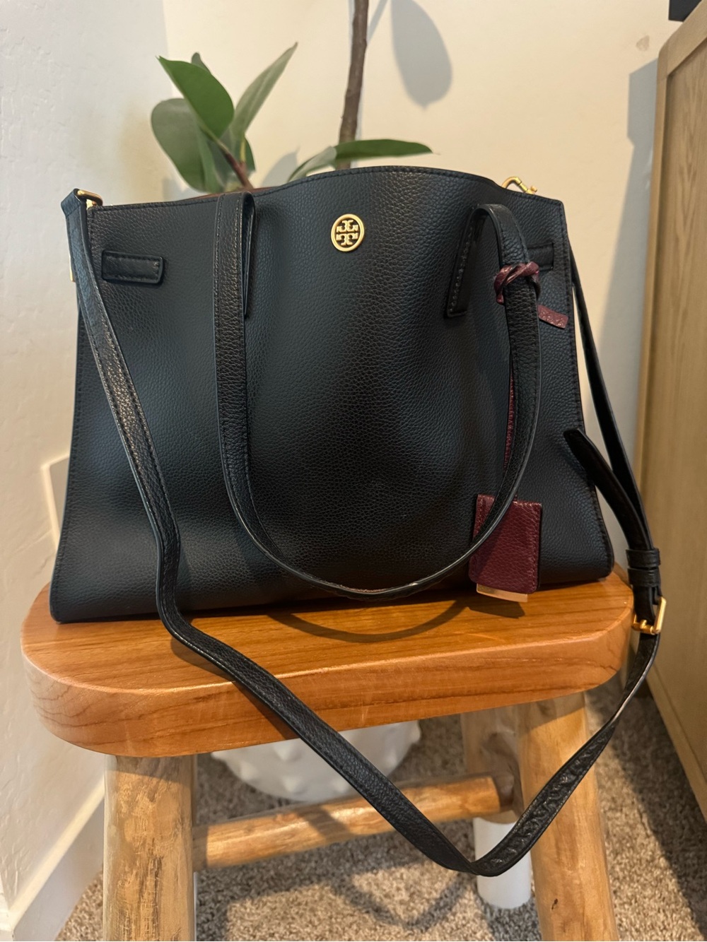 Tory Burch Black Pebbled Leather Tote with Burgundy Tag